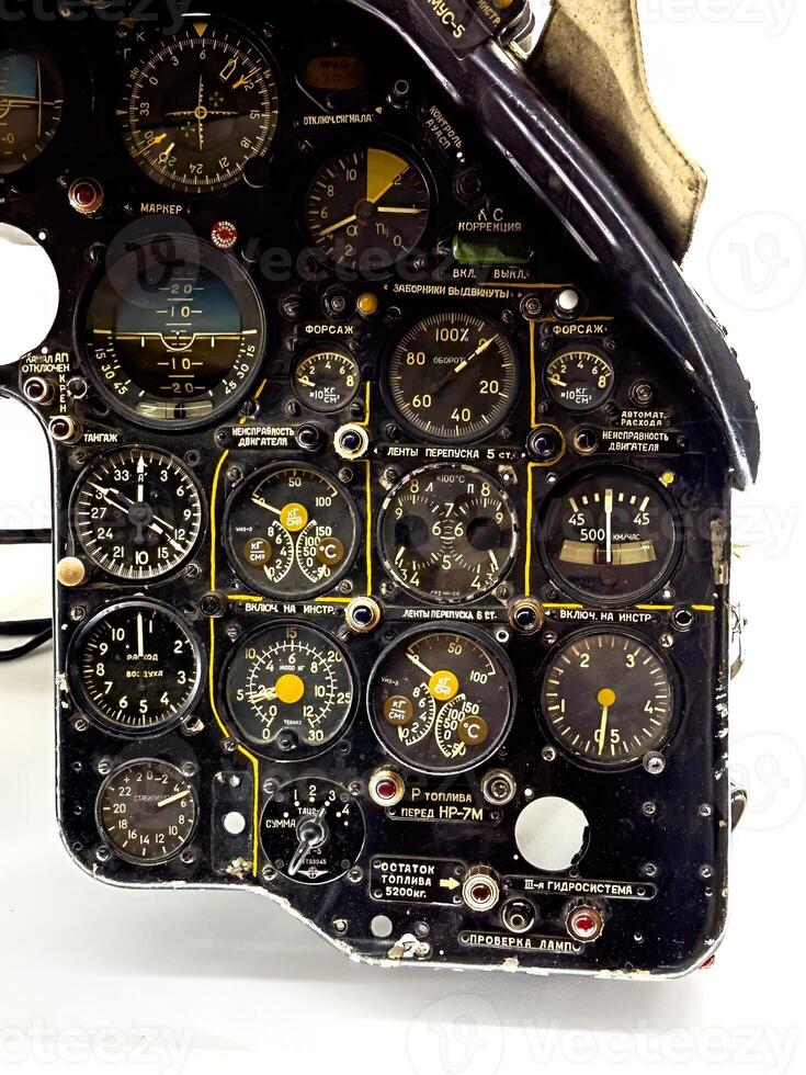 A detailed view of a Soviet aircraft cockpit instrument panel, showcasing an array of gauges, switches, and controls. This intricate setup highlights the precision engineering and functionality of mid photo