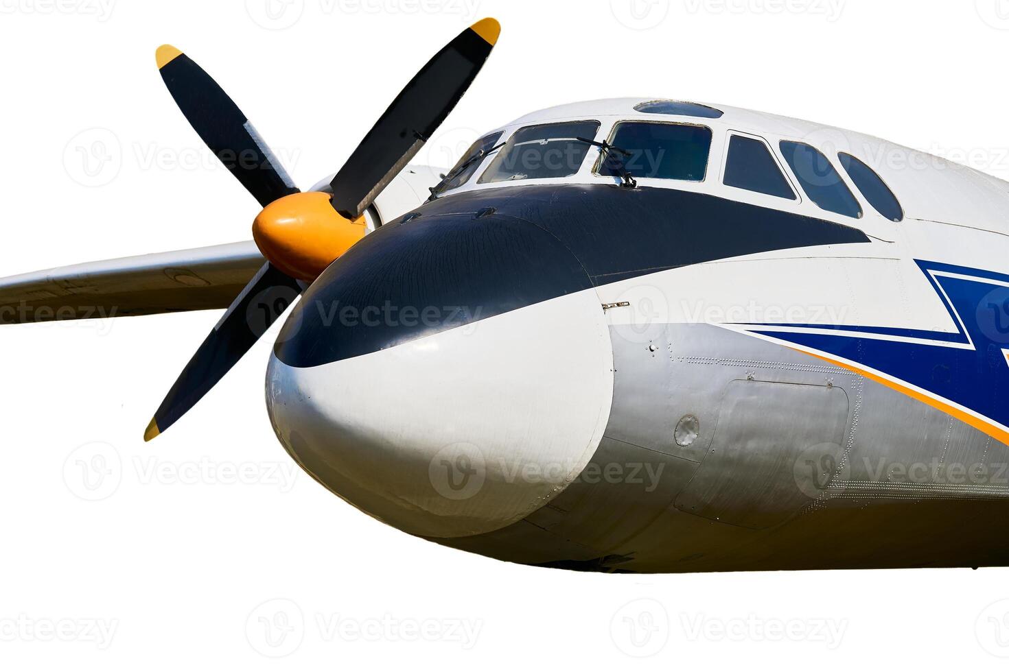 Old propeller driven passenger plane on white photo