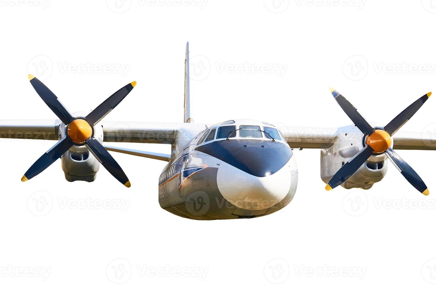 Old air propeller driven passenger plane on white photo