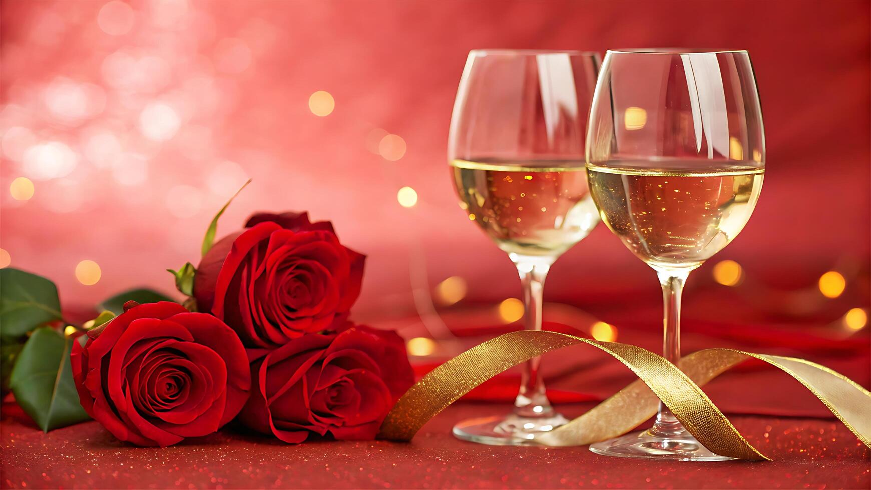 Romantic Valentine Day Scene with Roses and Champagne photo