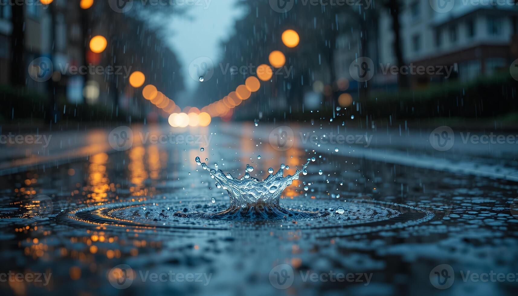 Raindrops falling onto wet street creating a splash with city lights blurred in the distance photo