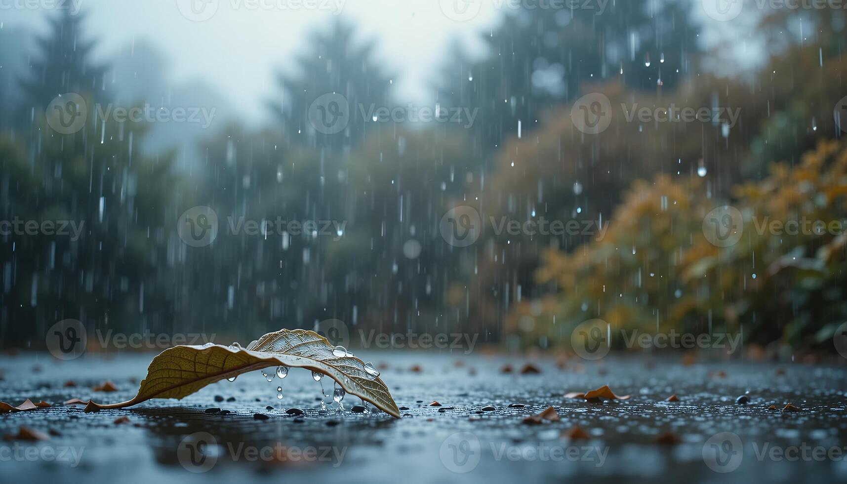 A solitary leaf rests on a wet ground, showcasing the melancholy of rainfall and autumnal beauty photo