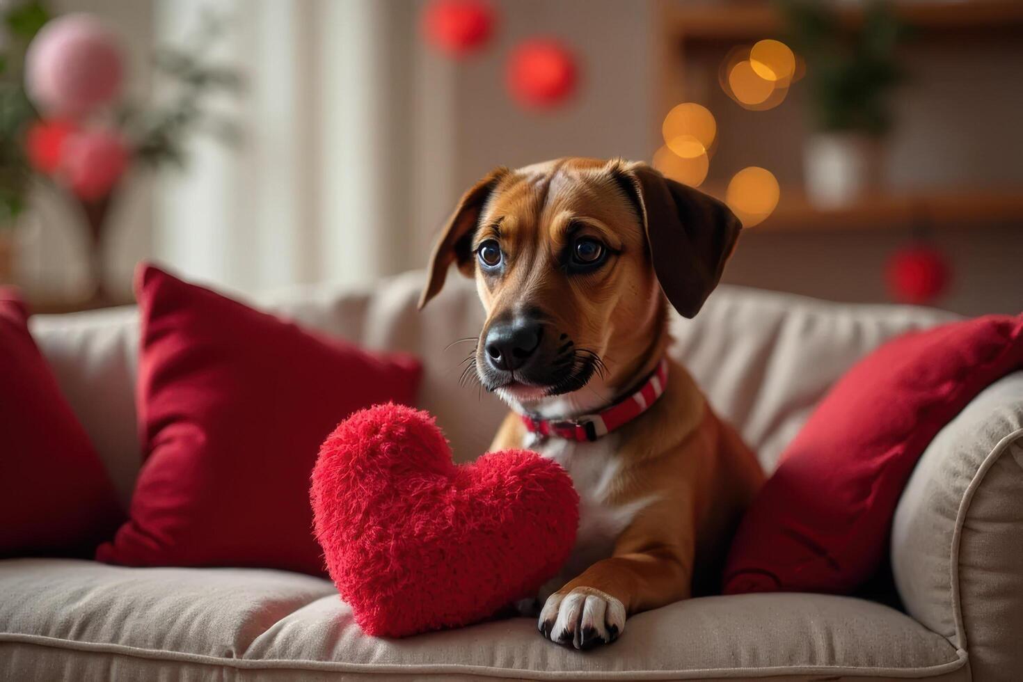 Adorable Puppy with Red Heart on Valentine s Day Sofa photo