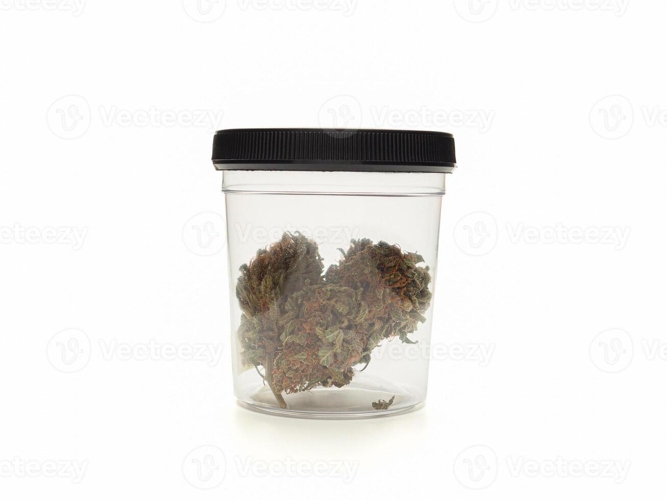 Close-up of dired cannabis buds in a jar on a white background photo