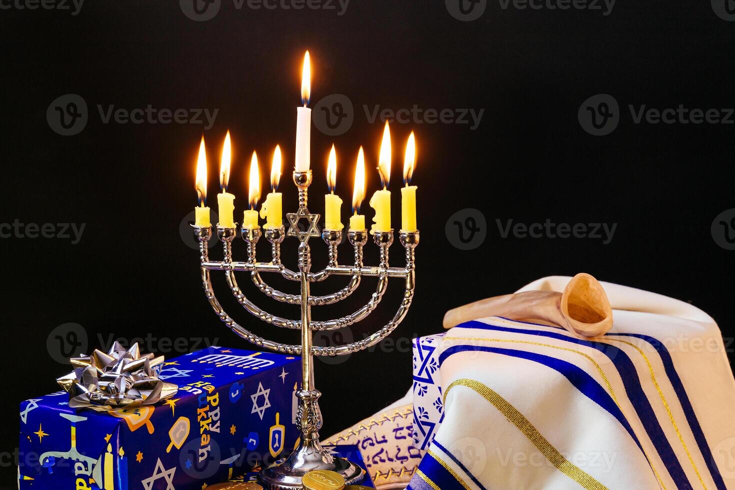 jewish holiday Hanukkah with menorah over wooden table Hanukkah candles photo