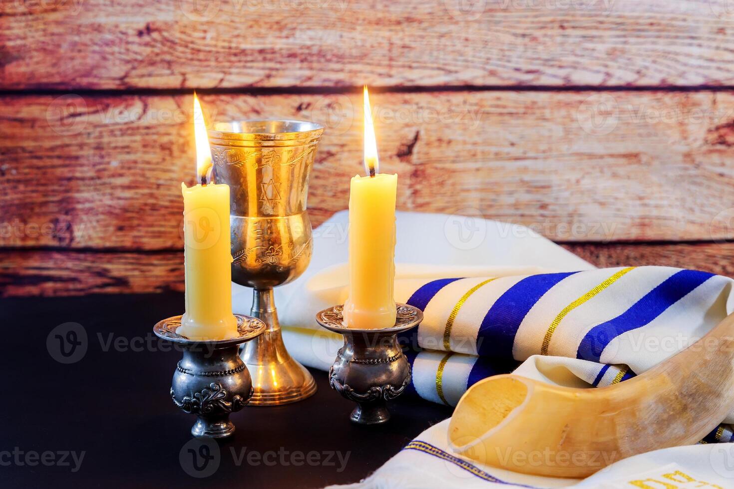 jewish holiday Hanukkah Festive composition for Hanukkah on dark background photo