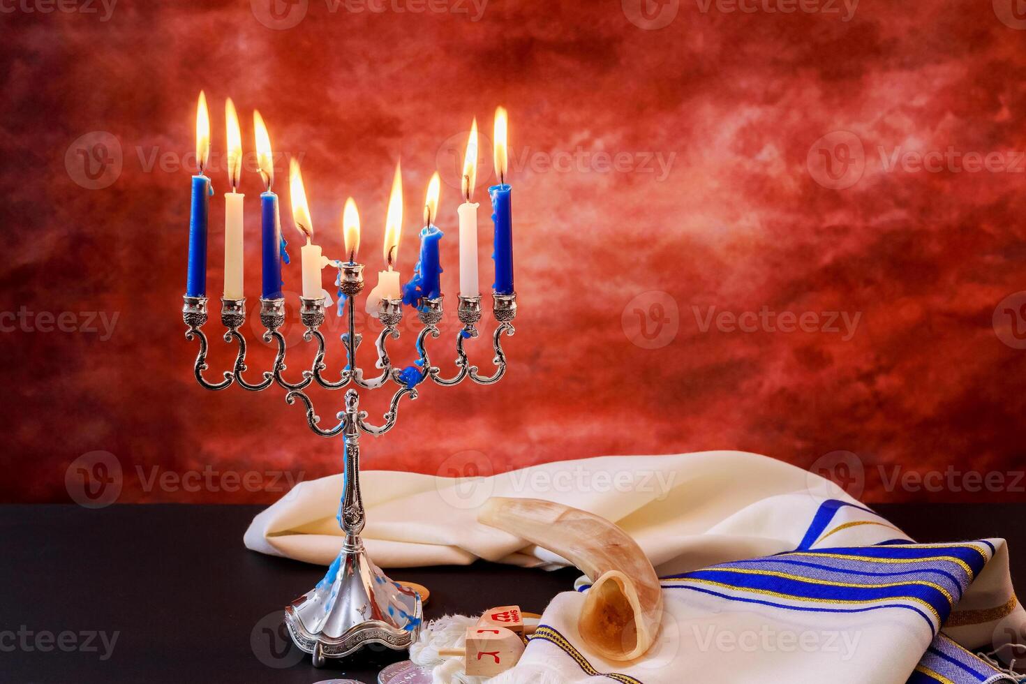 jewish holiday Hanukkah Festive composition for Hanukkah on dark background photo