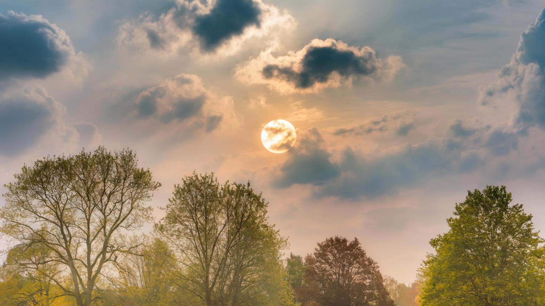 Sun glows through hazy sky, casting warm light on the trees below, capturing beauty of partly cloudy day. Nature and atmosphere concept photo