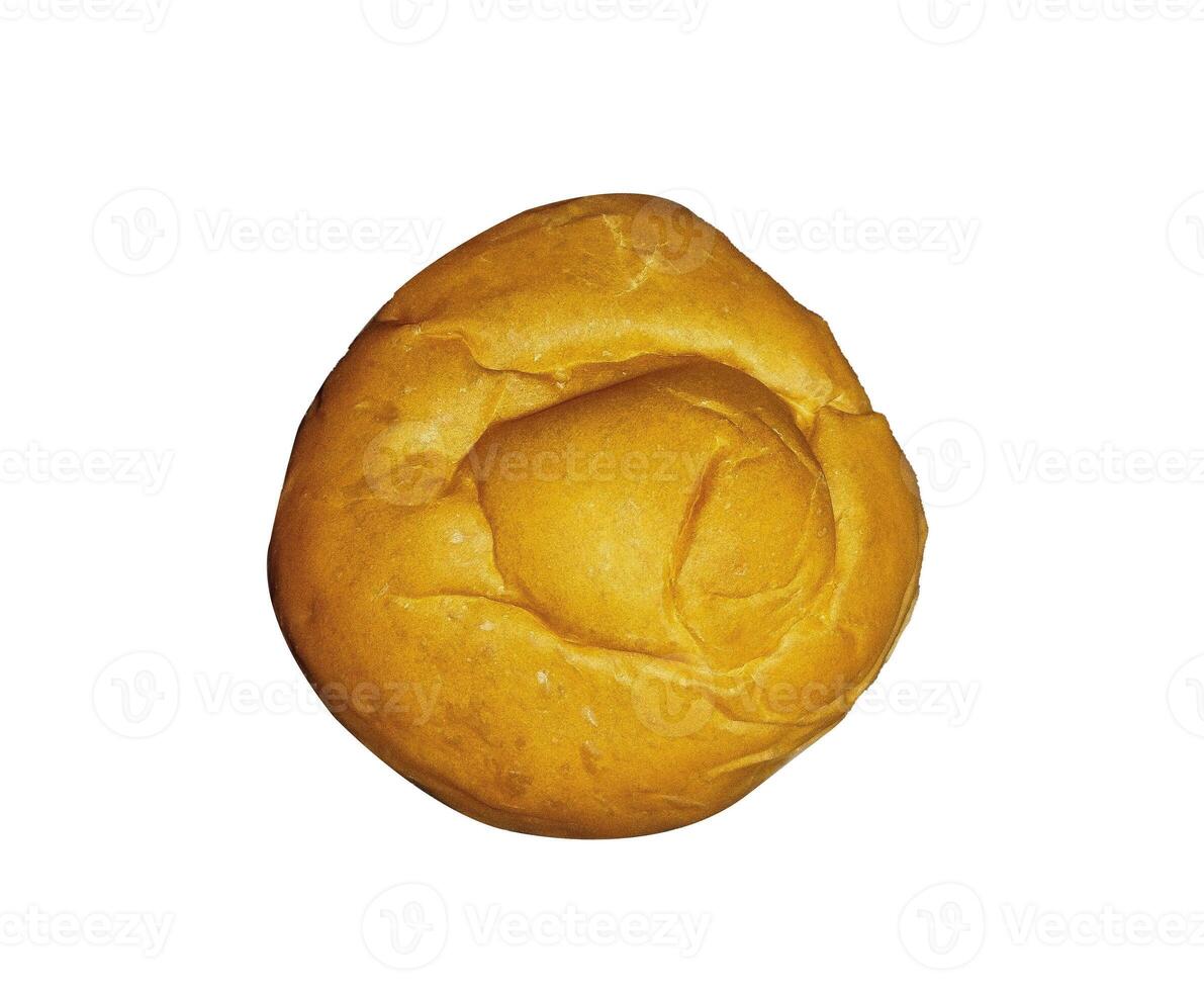 Delicious homemade burger bun close up view on an isolated white background. Stale hamburger bun isolated on white background. photo