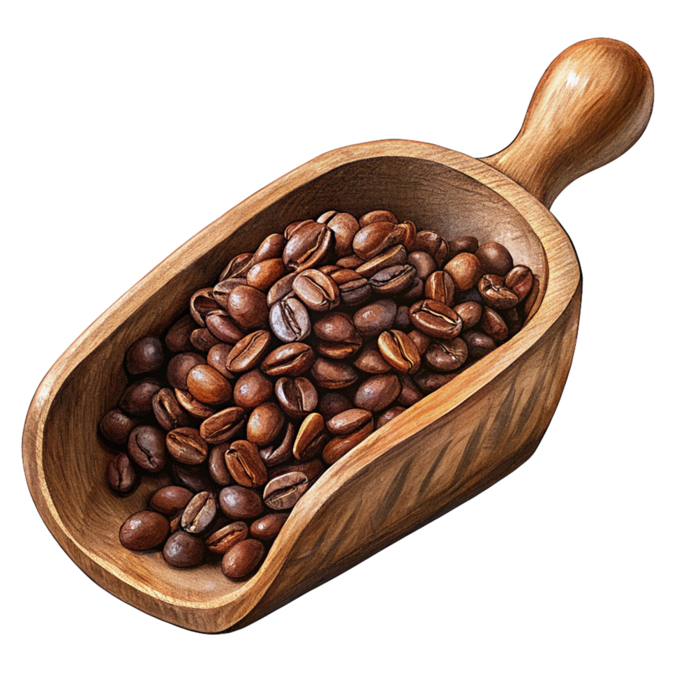Aroma of coffee beans rising from a wooden scoop png