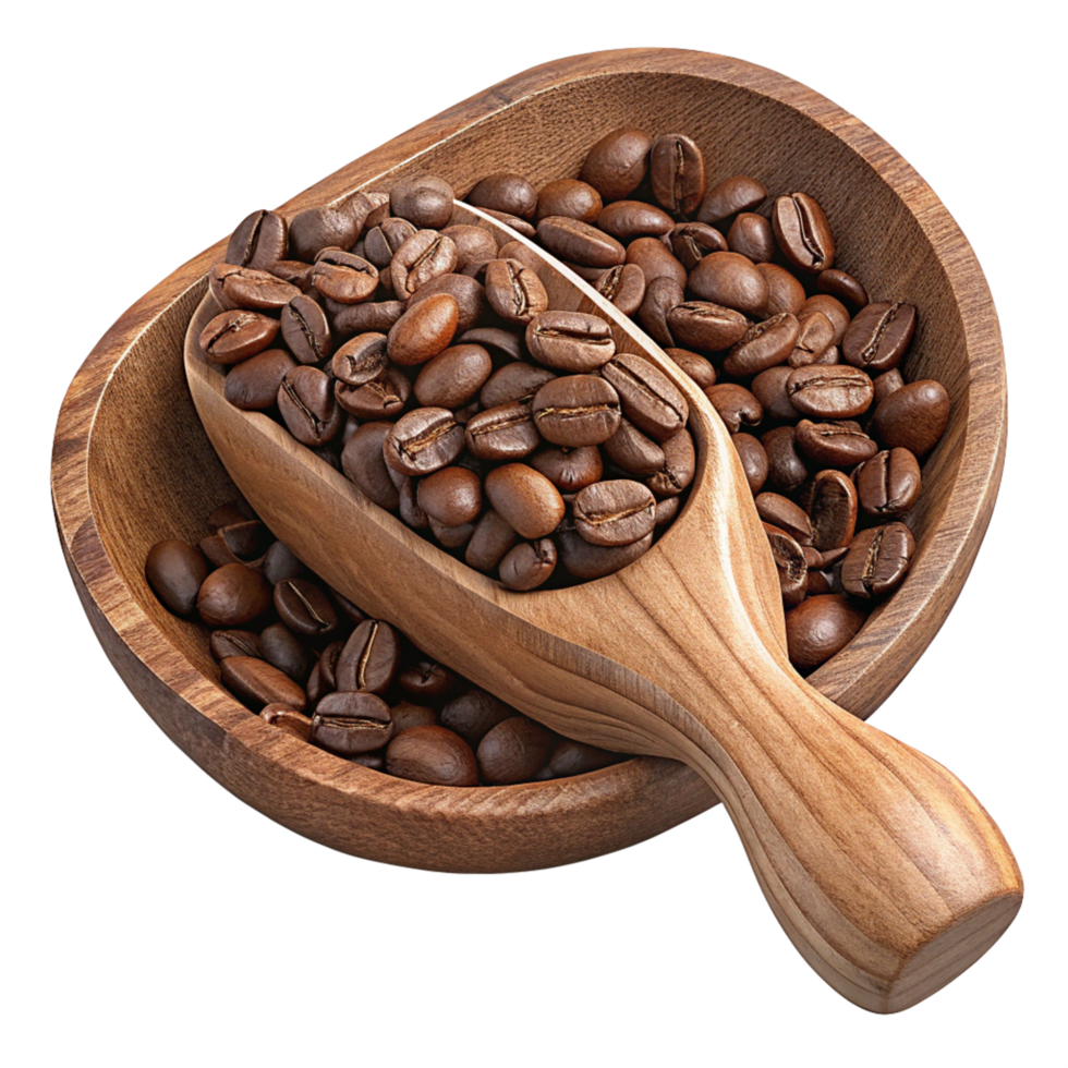Dark roasted coffee beans resting in a wooden scoop png