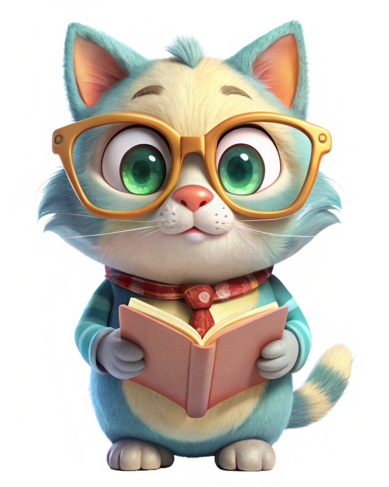 Cozy kitty in glasses falling asleep with a book png