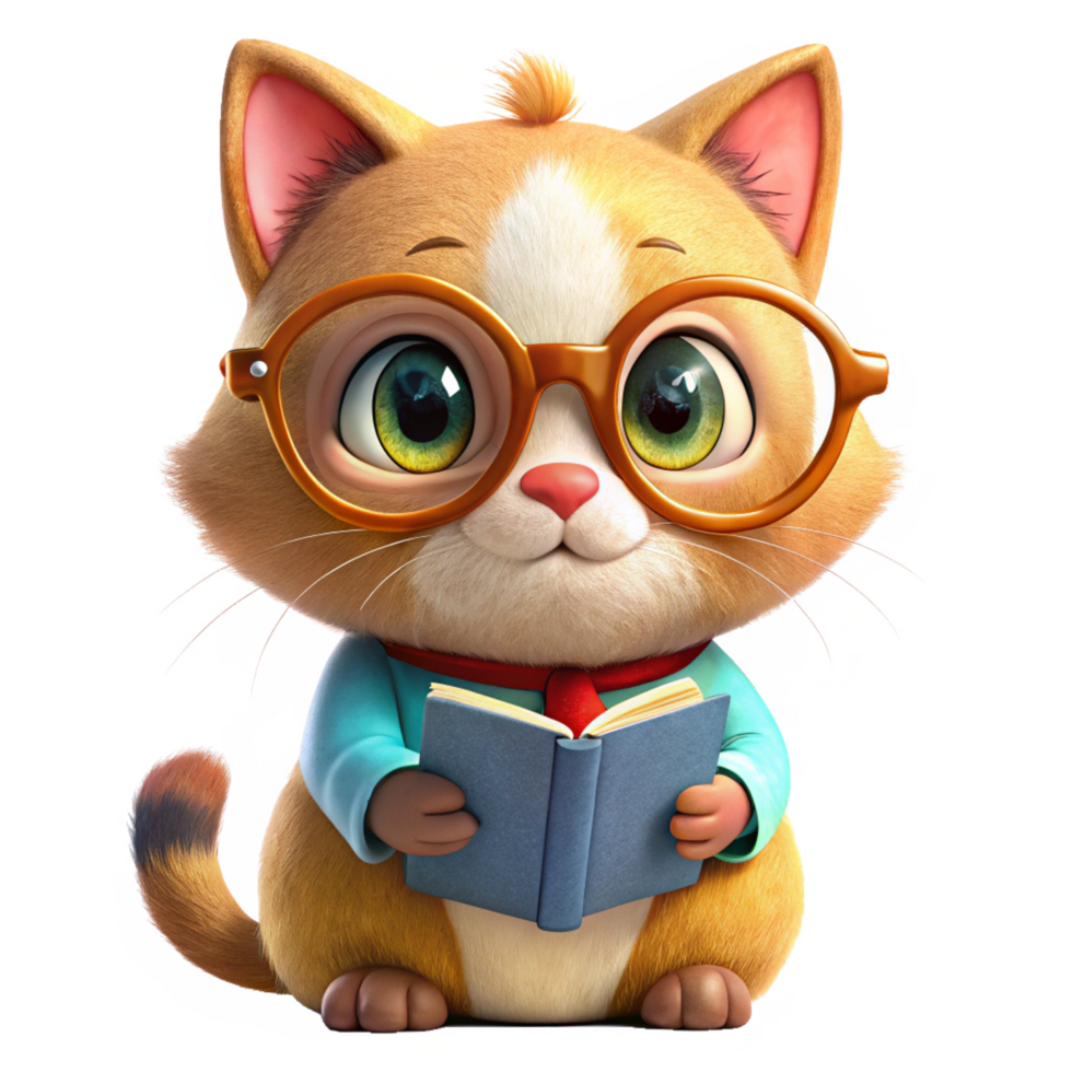 Cute fluffy cat in glasses learning new words png