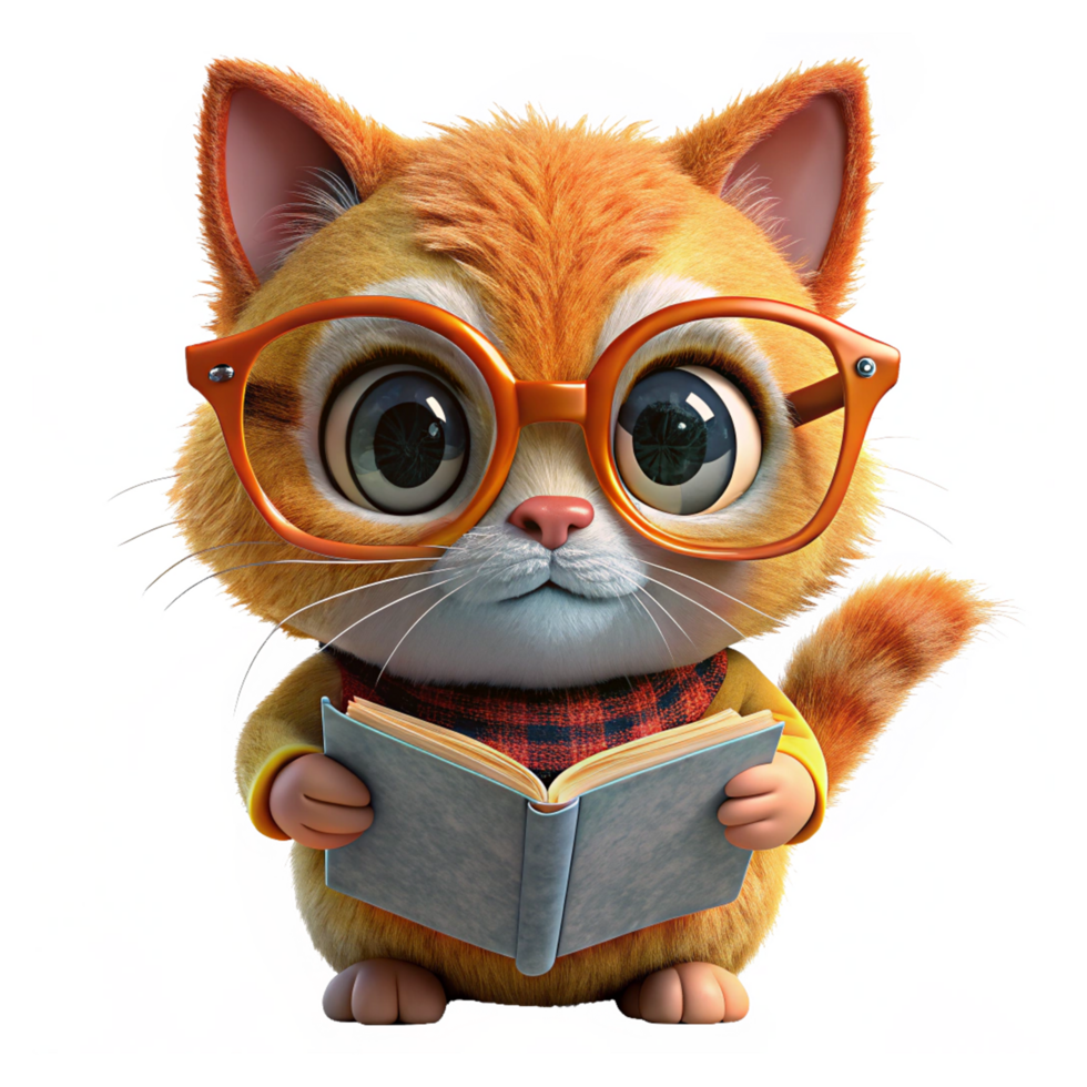 Intellectual cat wearing glasses while studying png