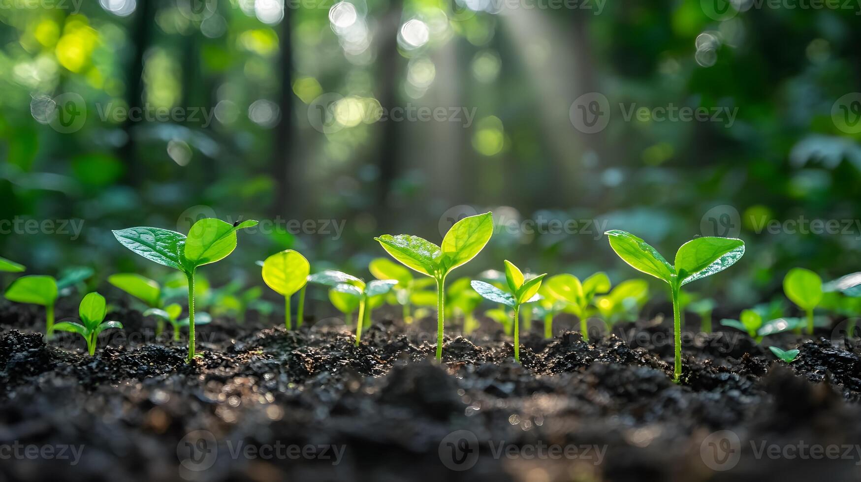 Sunlight streaming through a forest with young plants sprouting from the rich soil photo
