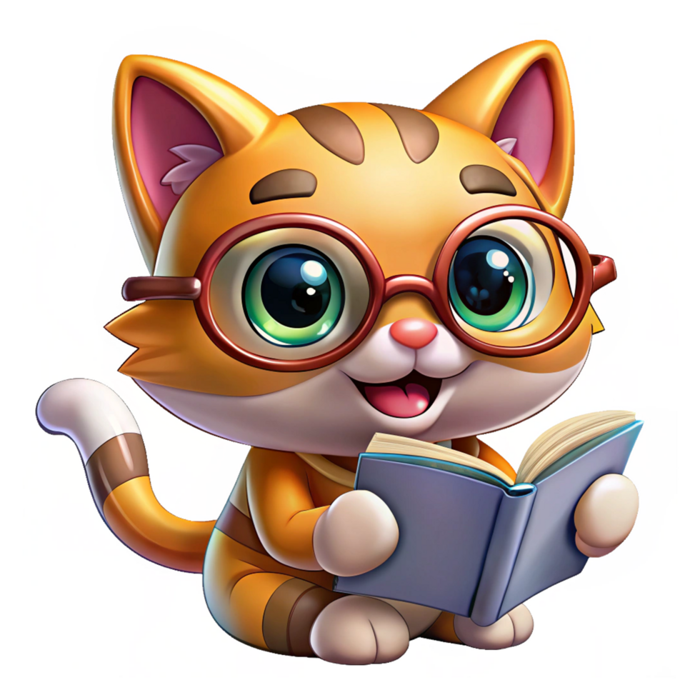 Funny cat with glasses seriously reading a book png