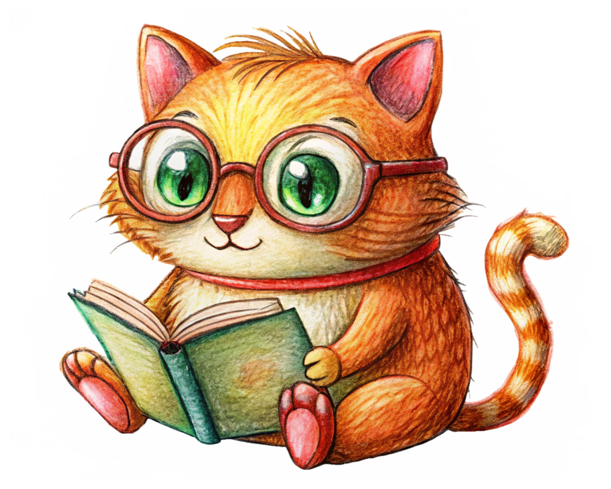 Cat with big glasses learning from a book png