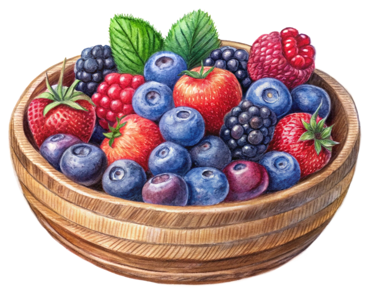Sweet and fresh assorted berries in a wooden bowl png