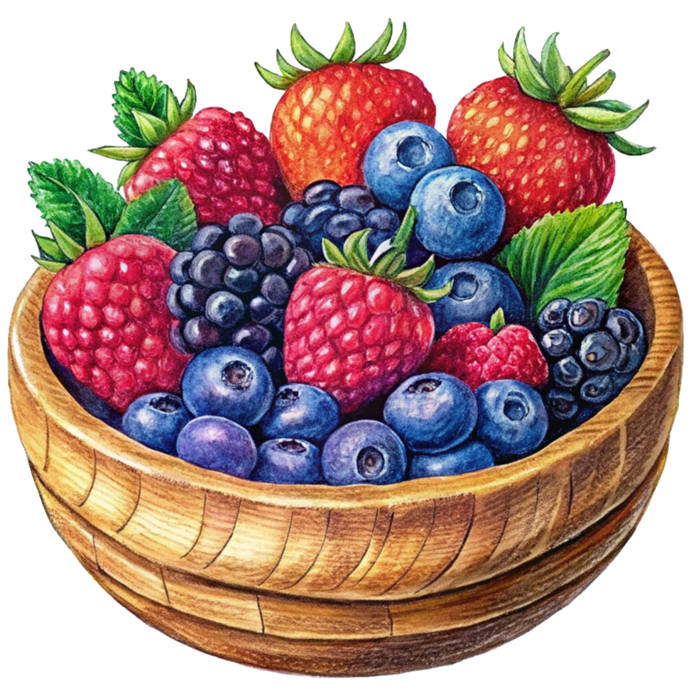 Natural mixed berries in a handcrafted wooden bowl png