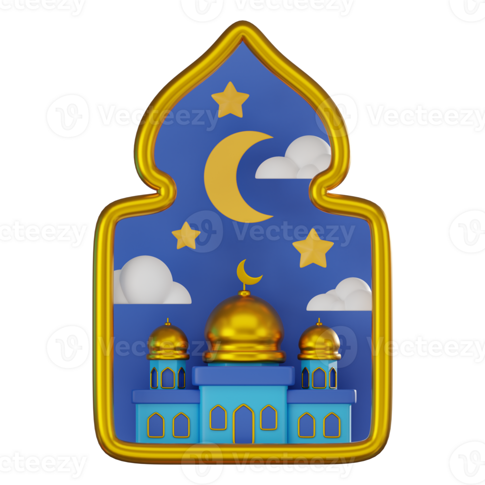 3D render, Ramadan Window Overlooking Moon with Star and Serene Mosque, Icon Illustration png