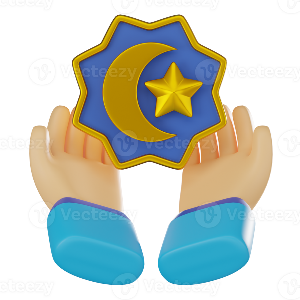 3D render, Praying Hands with Crescent Moon Star for Ramadan and Islamic Worship, Icon Illustration png