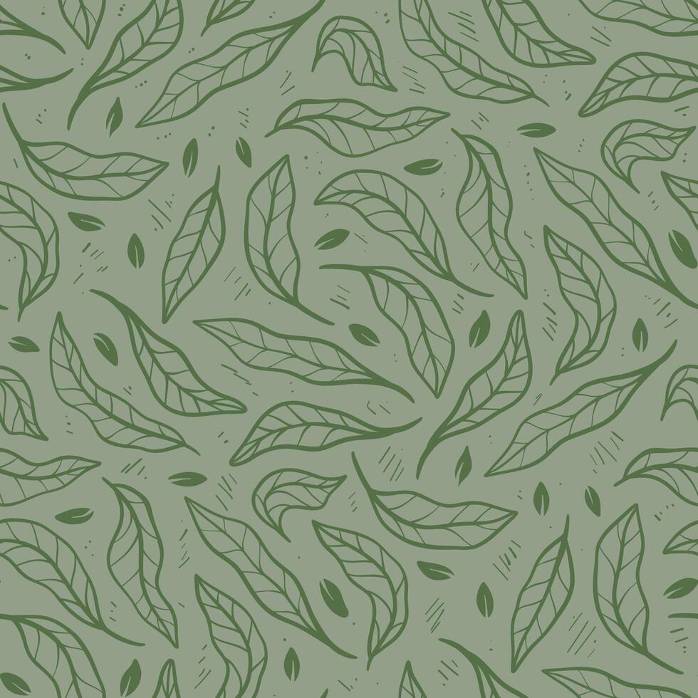hand drawn doodle dry leaf seamless pattern outline on flat green background vector