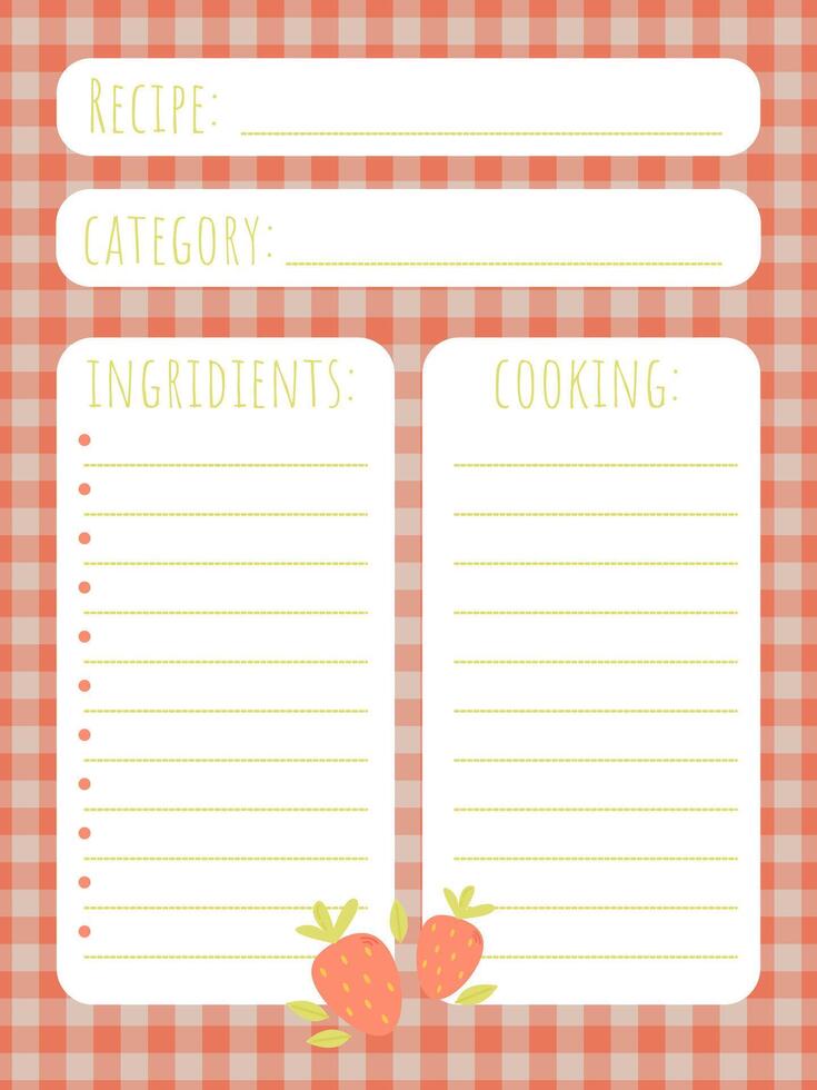 Recipe book page template with cute strawberries and checkered background vector