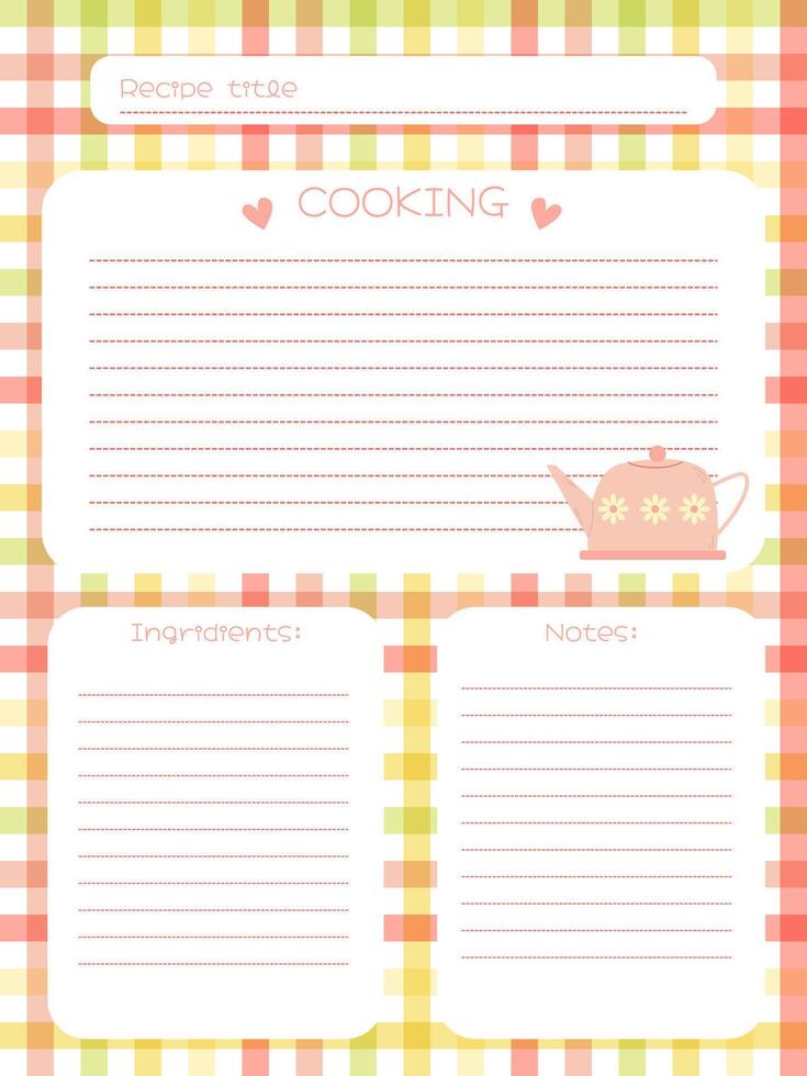 recipe notebook page template with pink kettle and checkered background vector