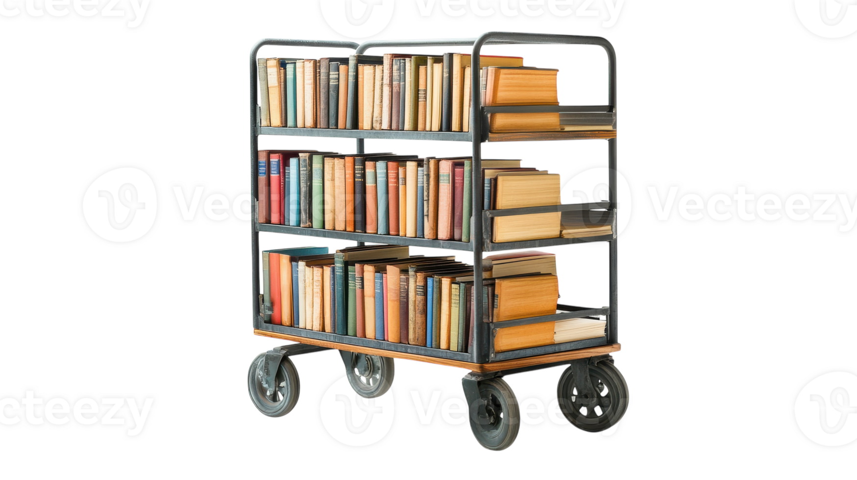 A small book cart with shelves filled with a diverse collection of books ideal for cozy reading corners and library settings.. png