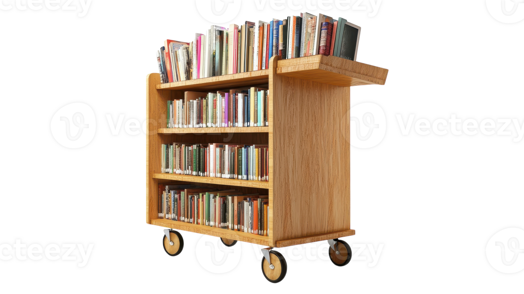A Charming Small Book Cart with Shelves of Books Perfect for Organizing and Displaying Literature in Any Space. png