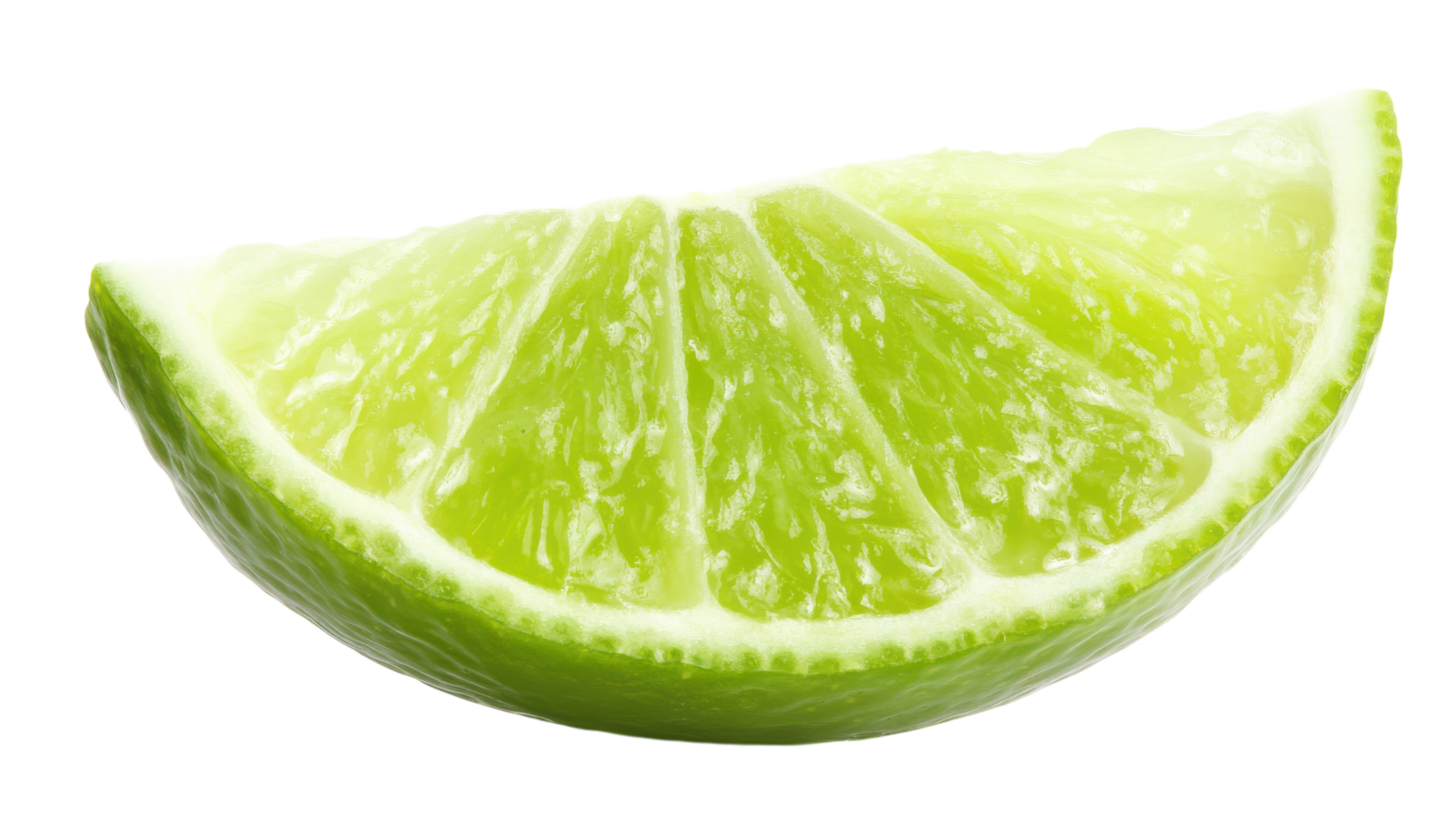 A single green lime wedge featuring a juicy interior that provides a refreshing touch for cocktails, culinary dishes, and garnishing options in various cuisines.. png