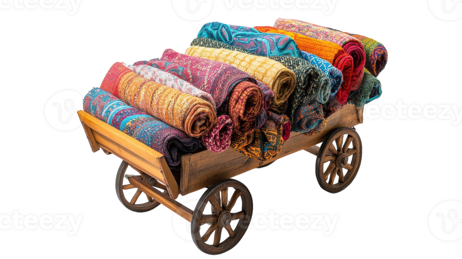A Small Wooden Cart Filled with Colorful Handcrafted Items Perfect for Display in Art Galleries or Home Decor Ventures. png