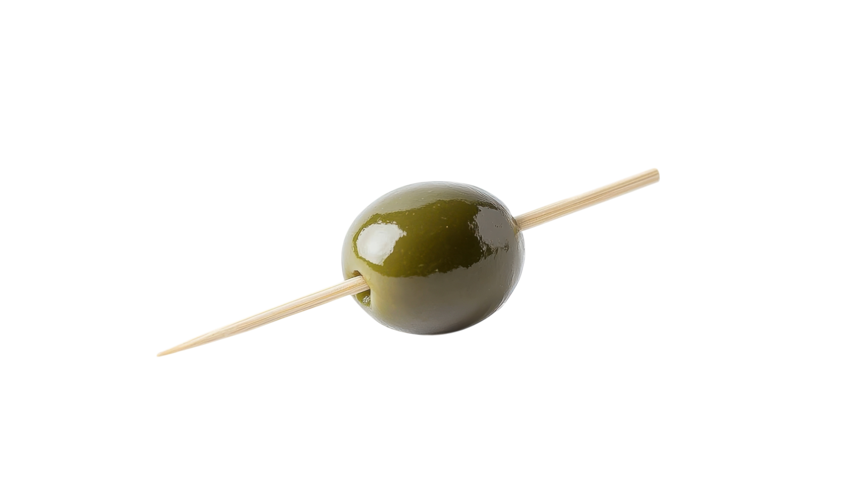 A single green olive perched on a toothpick, perfect for garnishing cocktails or adding a touch of elegance to appetizers.. png