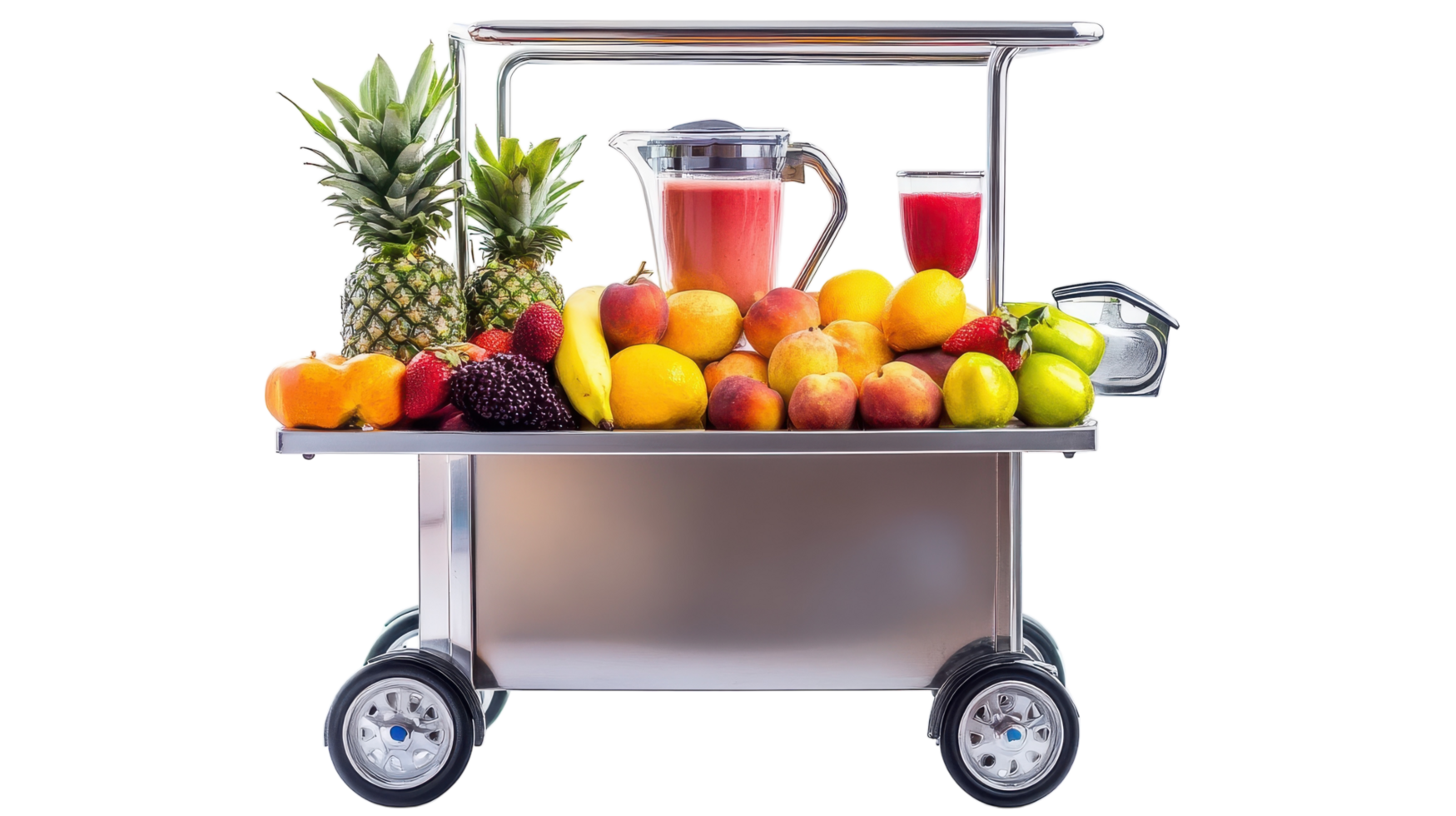 Vibrant and Busy Smoothie Cart Featuring a Blender Surrounded by Fresh Fruits, Perfect for Health-Conscious Events and Refreshing Summer Days. png