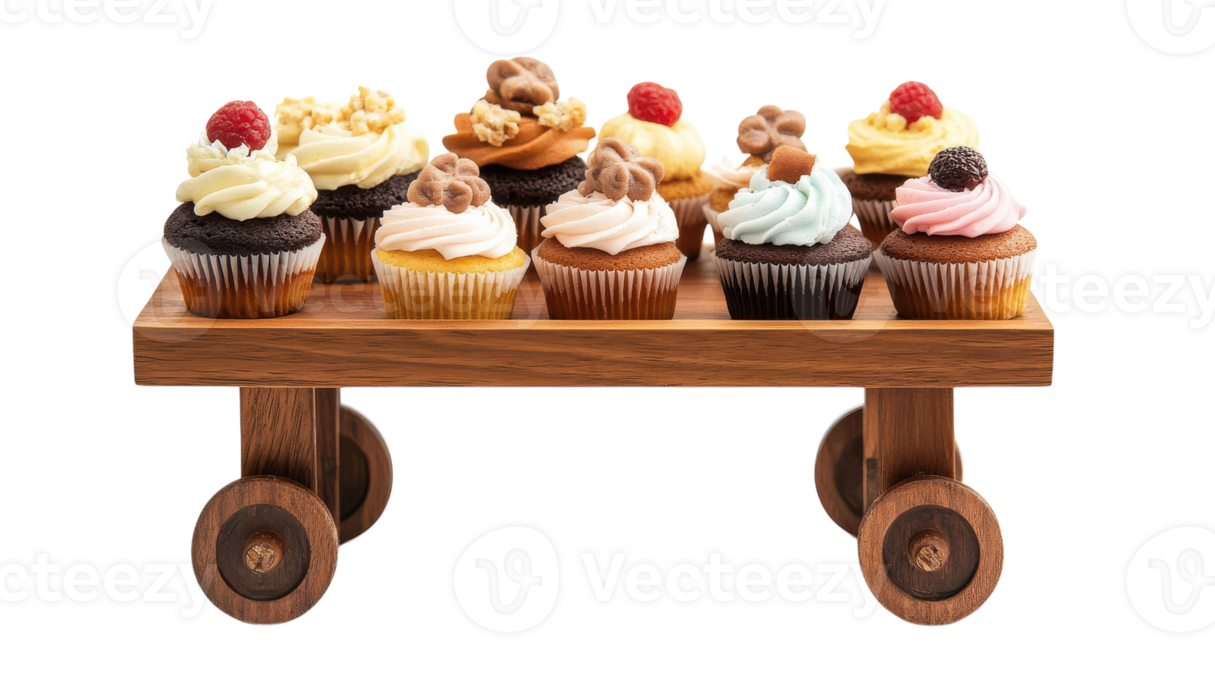 A Charming Wooden Cart Displaying a Variety of Colorful Cupcakes and Pastries Perfect for Events and Celebrations. png
