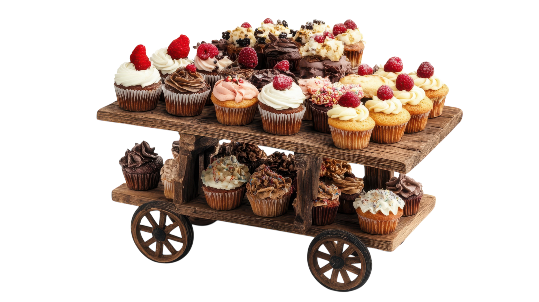 Charming Small Wooden Cart Displaying an Assortment of Colorful Cupcakes and Delectable Pastries Perfect for Events and Celebrations. png