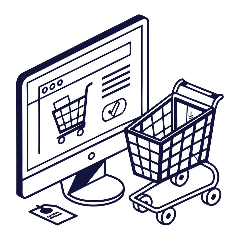 Shopping cart on computer monitor with shopping list and credit card vector