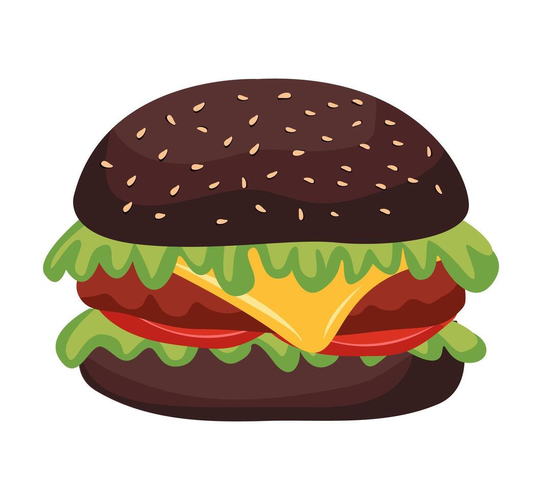 illustration of juicy black hamburger with cheese and patty. National hamburger day. Fast food on white background. vector