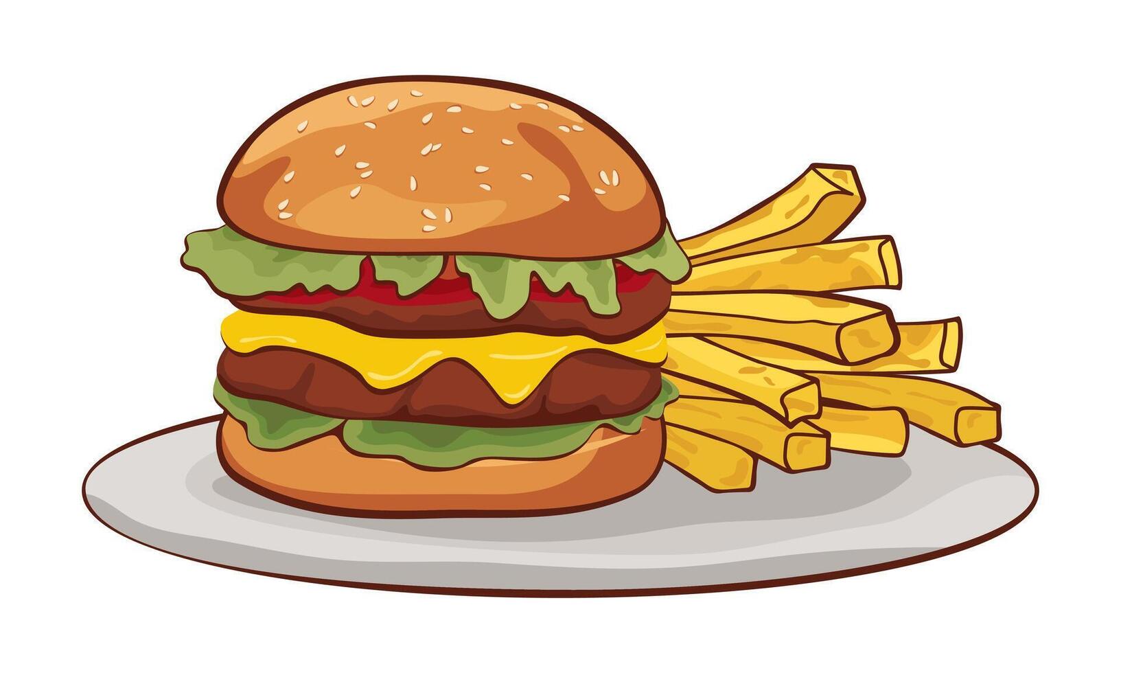 Hamburger and fries on a plate on white background.Fast food set illustration on white background vector