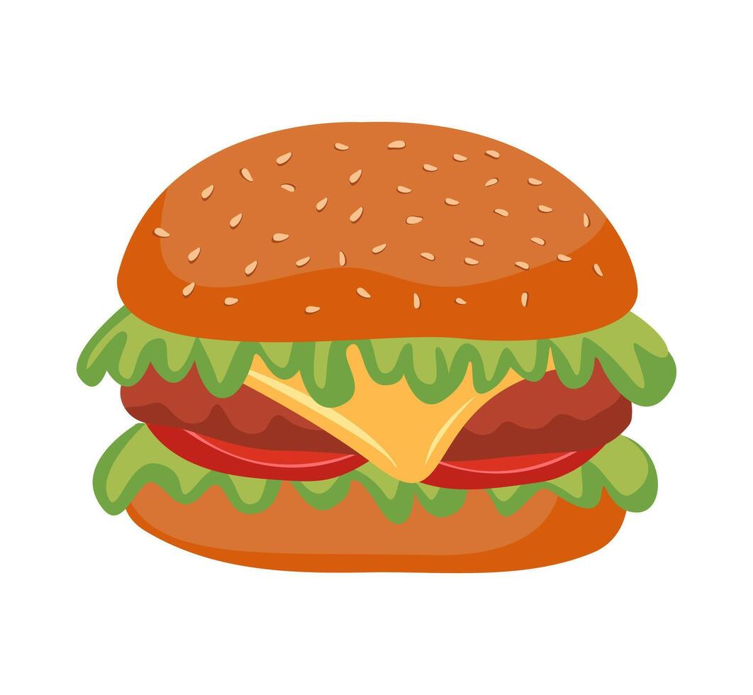 illustration of juicy hamburger with cheese, tomato patty and salad leaf. National hamburger day. Fast food on white background vector