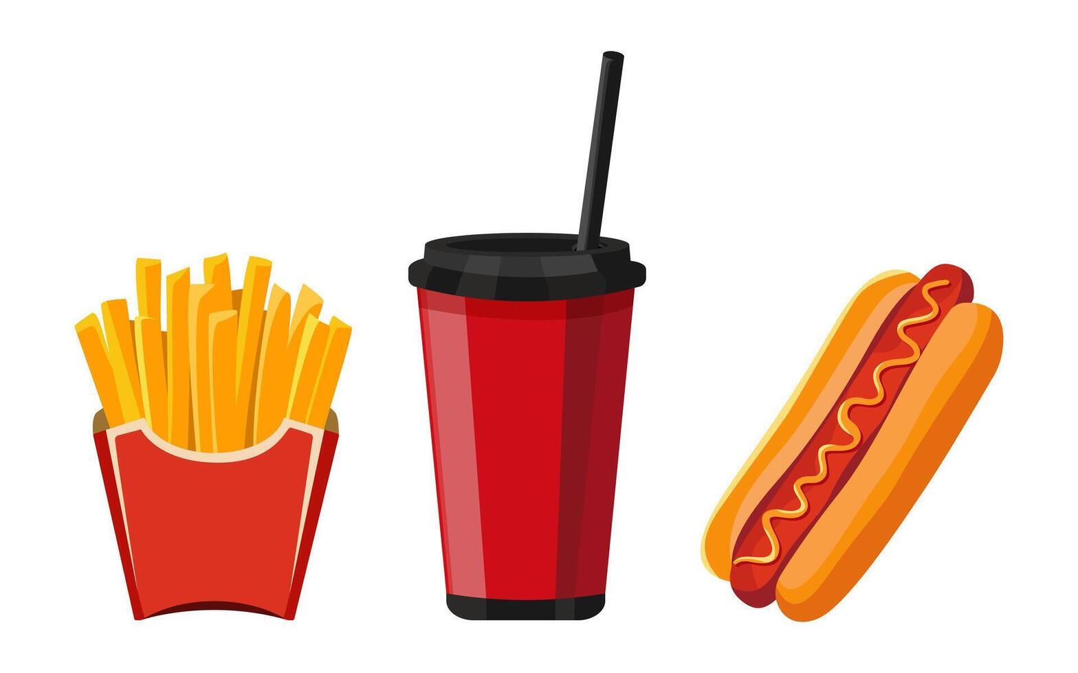 Fries, carbonated drink and hot dog set of fast food isolated on white background vector