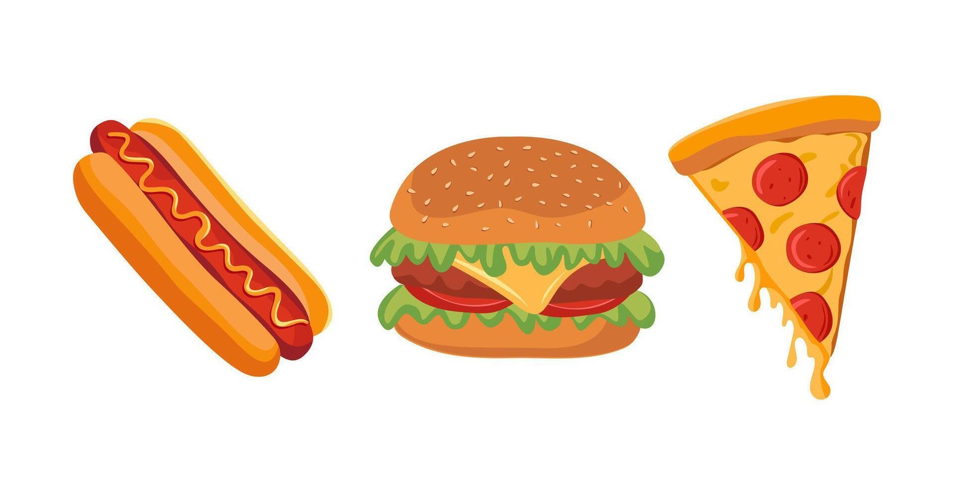 Hamburger, pizza slice and hot dog set of fast food products isolated on white background vector