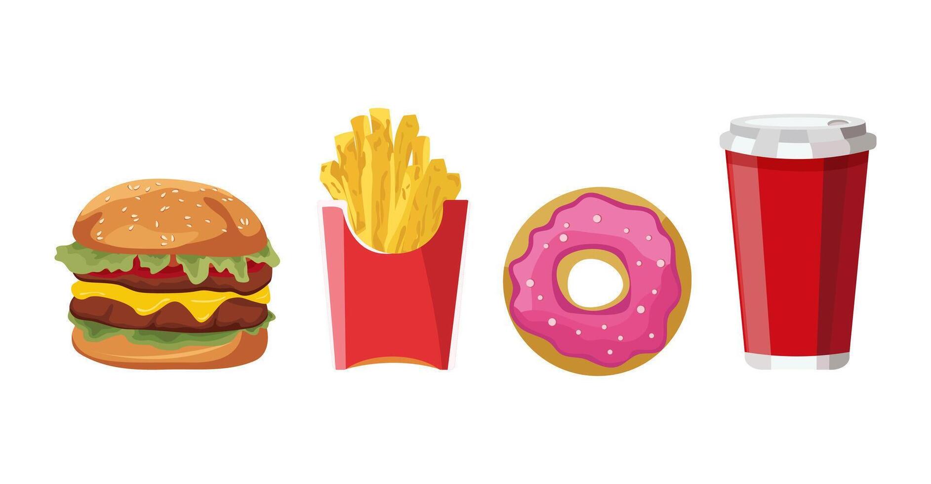 Fast food design Fast food illustration. Hamburger, fries, glazed donut and soft drink in a glass. vector