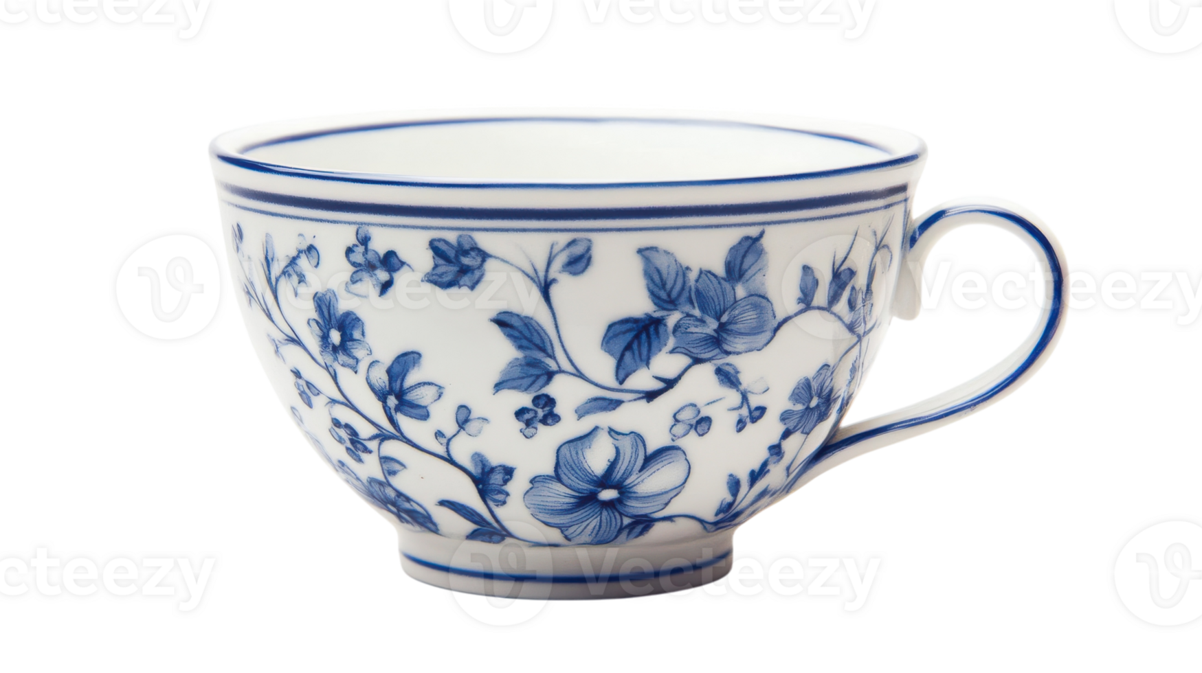 Elegant Blue and White Porcelain Teacup Adorned with Floral Patterns, Perfect for Tea Lovers and Home Decor Enthusiasts Seeking Style and Tradition. png