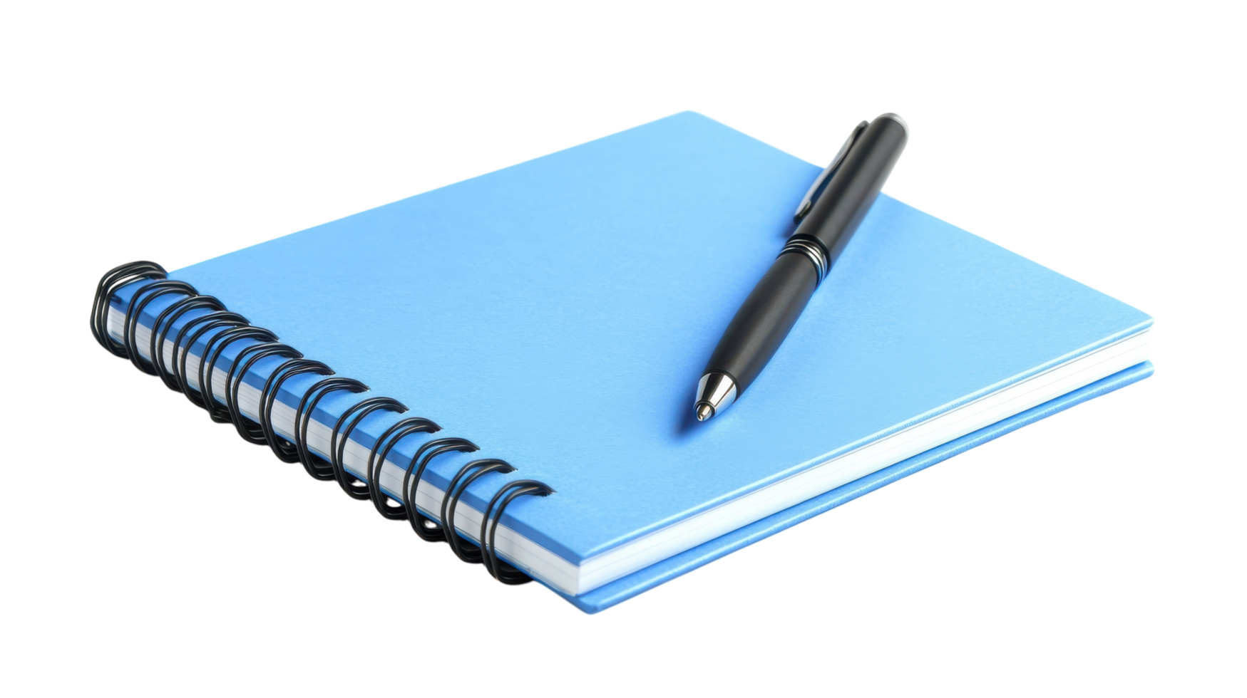 A blue spiral bound notebook placed elegantly next to a pen, perfect for note-taking, journaling, or organizing thoughts in a stylish way.. png