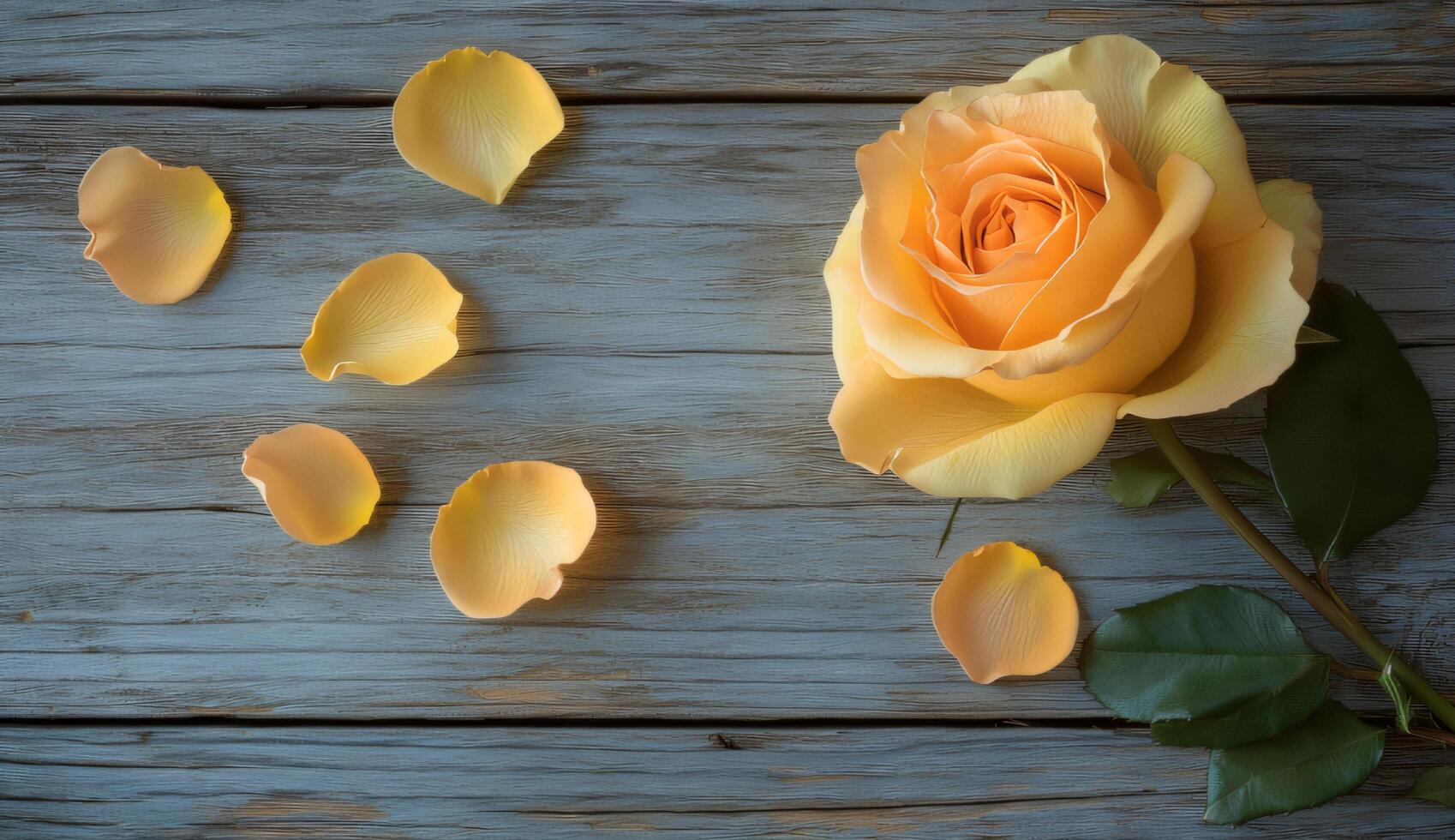 Single yellow Rose with Petals on Rustic Wooden Background photo