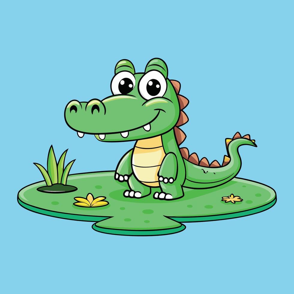 cute cartoon crocodile in the water with grass and plants vector
