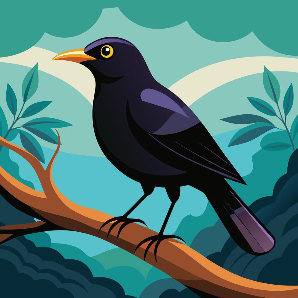 a black bird sitting on a branch in the forest vector