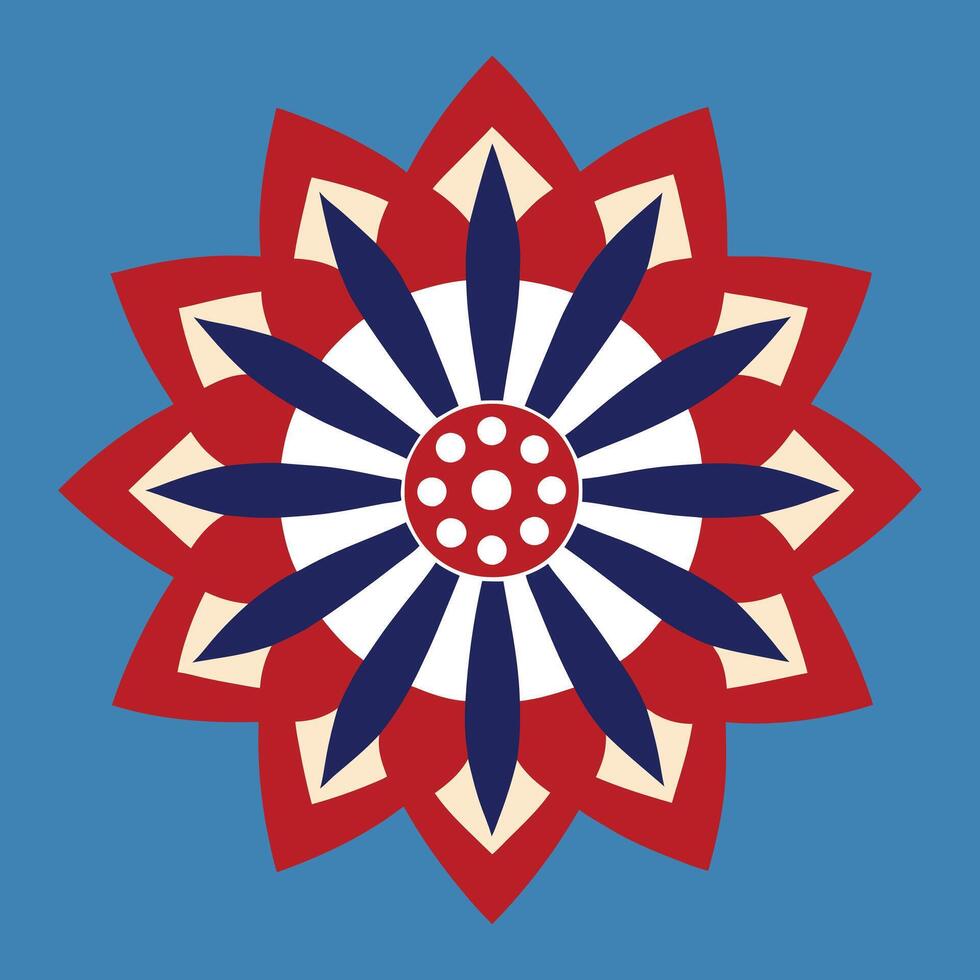 a red, white and blue flower with a center dot vector