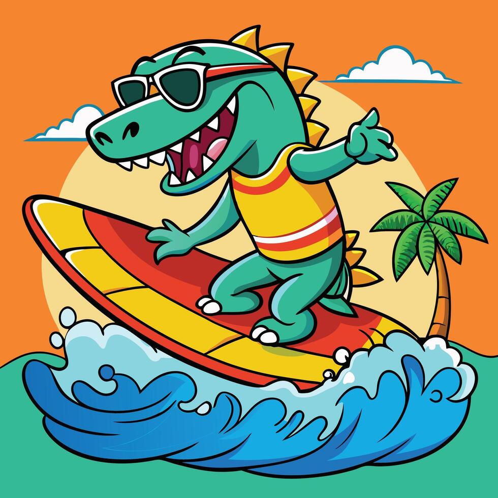 a cartoon crocodile wearing sunglasses riding a surfboard vector